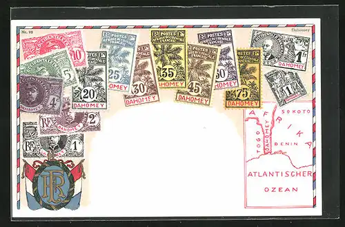 AK Benin, Briefmarken, Wappen und Landkarte