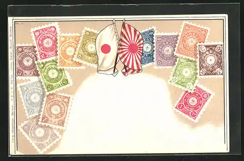 AK Japan, Briefmarken und Wappen