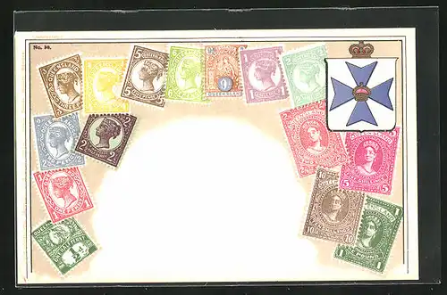 AK Queensland, Australien, Briefmarken und Wappen