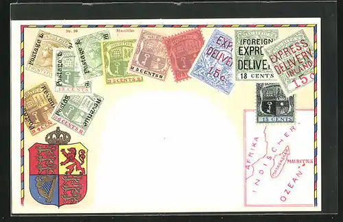 AK Madagaskar, Briefmarken, Wappen und Landkarte