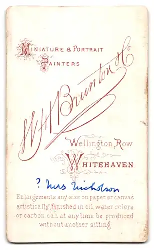 Fotografie W. H. Brunton & Co., Whitehaven, Portrait bürgerliche Dame mit Hochsteckfrisur