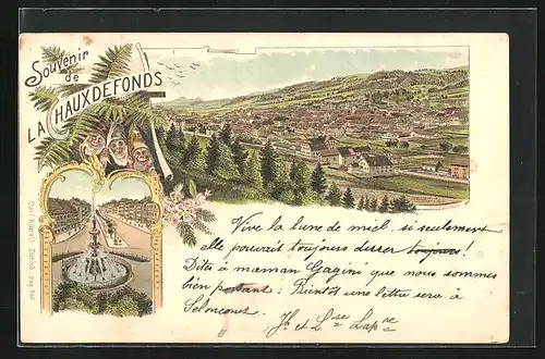 Lithographie La Chaux-de-Fonds, Totalansicht, Strassenpartie und Zwerge