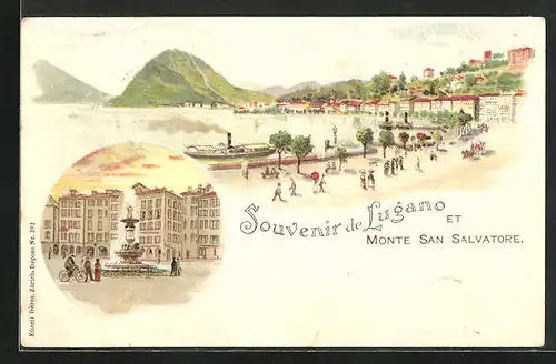 Lithographie Lugano, Ortsansicht mit Monte San Salvatore, Brunnen