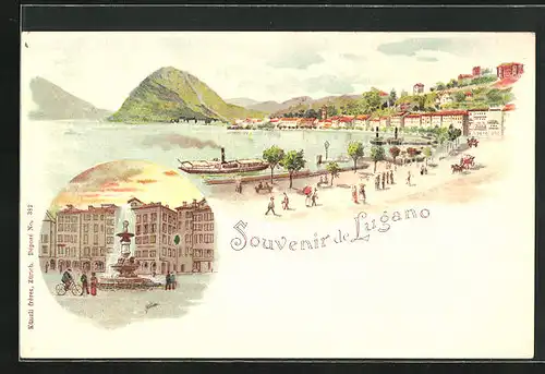 Lithographie Lugano, Ortsansicht am See mit Marktbrunnen