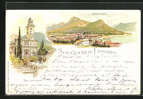 Lithographie Lugano, Ortsansicht mit Monte Brè und San Lorenzo