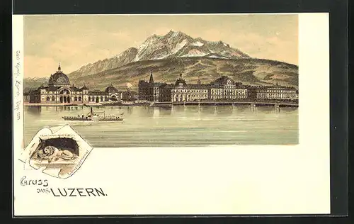 Lithographie Luzern, Blick über den See zur Stadt, Löwendenkmal