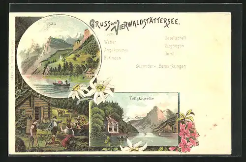 Lithographie Sisikon, Tellskapelle am Vierwaldstättersee und Blick zum Rütli