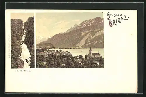 Lithographie Brienz, Totalansicht aus der Vogelschau und Giessbachfall