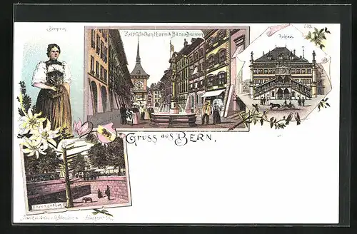 Lithographie Bern, Rathaus, Zeit-Glockenturm und Bärenbrunnen, Bärengraben, Frau in Berner Tracht