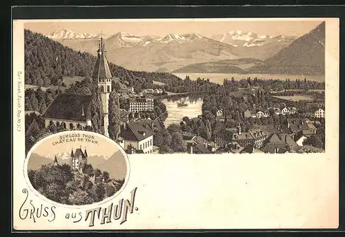 Lithographie Thun, Totalansicht aus der Vogelschau und Schloss Thun