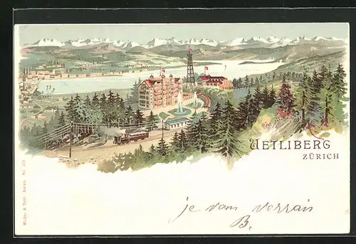 Lithographie Zürich, Uetliberg mit Zürichsee und Glarner Alpen