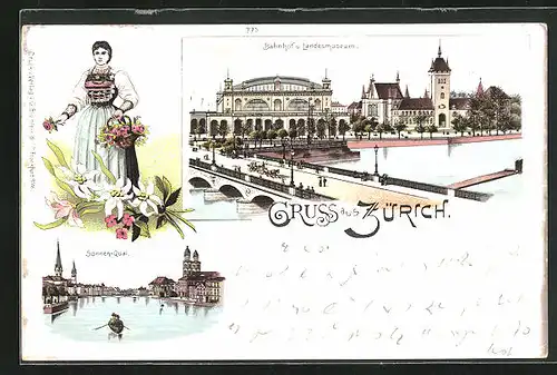 Lithographie Zürich, Bahnhof und Landesmuseum, Sonnen-Quai und Frau in Tracht