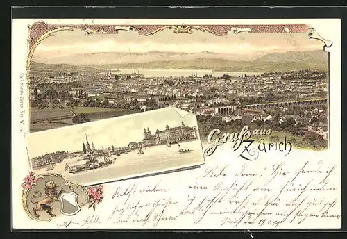 Lithographie Zürich, Totalansicht aus der Vogelschau und Teilansicht am See