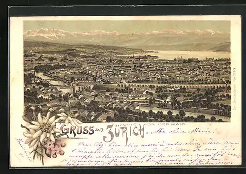 Lithographie Zürich, Ortsansicht von der Waid aus