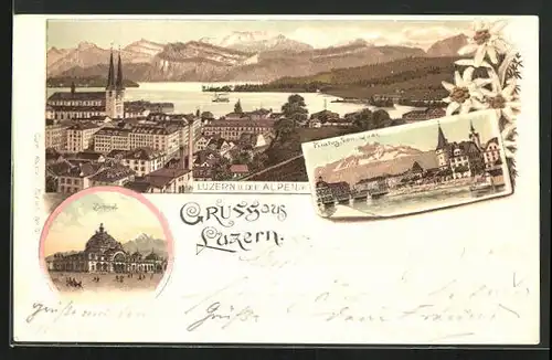 Lithographie Luzern, Ortsansicht und die Alpen, Bahnhof und Pilatus vom Quai