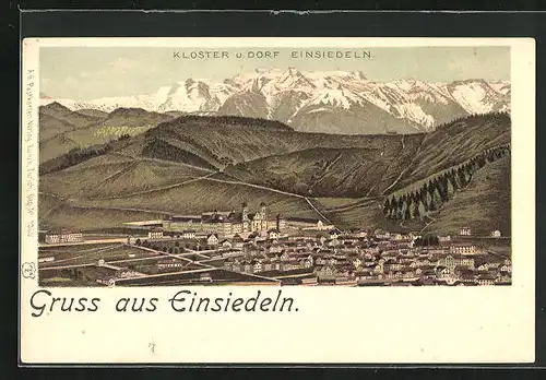 Lithographie Einsiedeln, Ortsansicht mit Kloster und den Alpen aus der Vogelschau