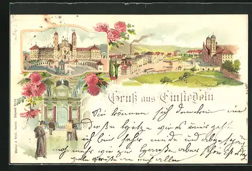 Lithographie Einsiedeln, Ortsansicht und Kloster
