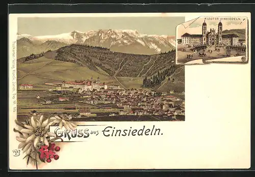 Lithographie Einsiedeln, Gesamtansicht aus der Vogelschau, Kloster