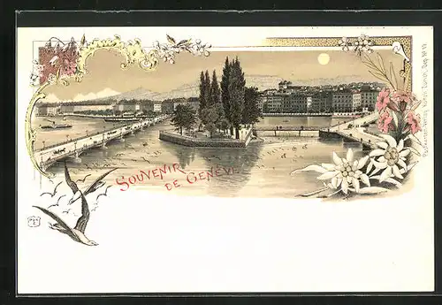 Lithographie Geneve, Blick über den See zum Ort