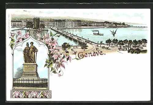 Lithographie Geneve, Gesamtansicht aus der Vogelschau, Monument National