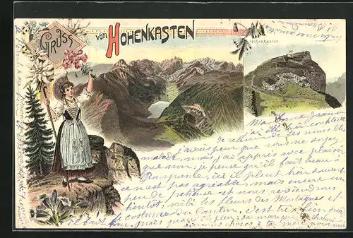 Lithographie Heiden, Hohenkasten und winkende Frau in Tracht