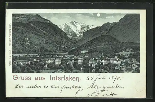 Mondschein-Lithographie Interlaken, Ortsansicht mit den Alpen