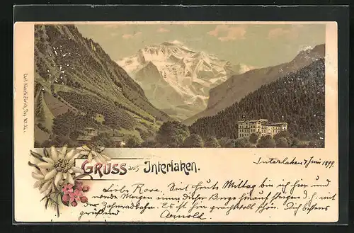 Lithographie Interlaken, Blick zum Hotel mit den Alpen