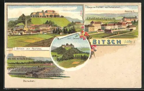 Lithographie Bitsch, Ortsansicht, Baracken, Kaserne