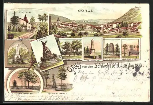 Lithographie Gorze, St. Clement, Denkmäler gefallener Regimente