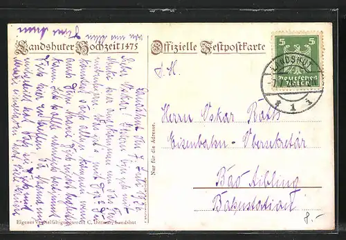 AK Landshut, Einzug Herzog Georgs des Reichen 1475, Brautwagen mit Prinzessin Hedwig, Festpostkarte zum Festspiel