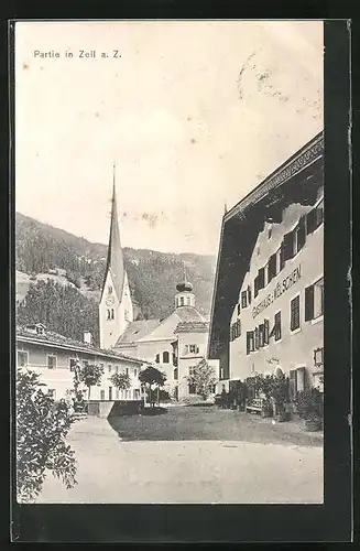 AK Zell a. Z., Strassenpartie mit Gasthaus und Kirche