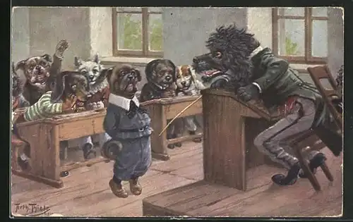 Künstler-AK Arthur Thiele: Zureden hilft, Dackel in der Hundeschule