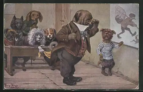 Künstler-AK Arthur Thiele: Schlimme Ahnung, Dackel in der Hundeschule