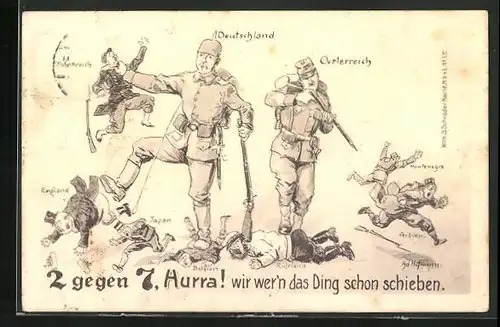 Künstler-AK Ad. Hoffmann: Deutscher u. österreichischer Soldat mit Gegnern, 2 gegen 7, Hurra! wir wer`n das Ding...