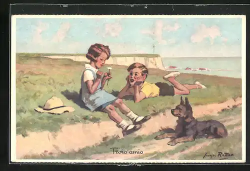 Künstler-AK sign. Redon: Trois amis, Junge und Mädchen mit Hund