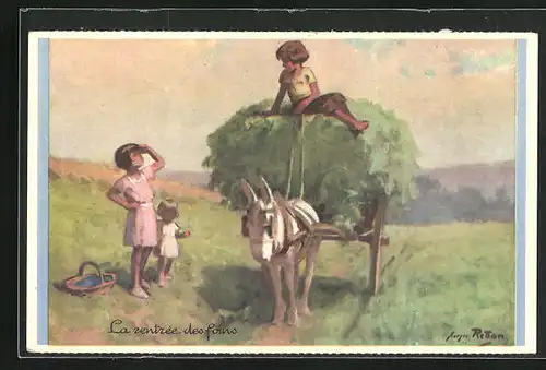 Künstler-AK sign. Redon: La rentrée des foins, Junger Mann mit Eselsgespann