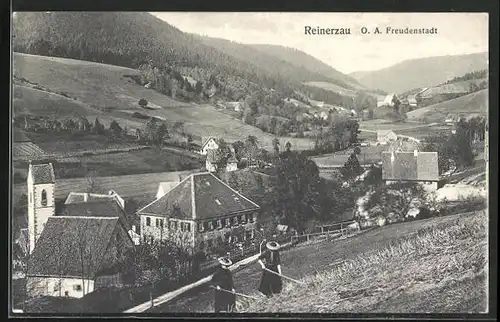 AK Reinerzau, Ortspartie mit Äckern