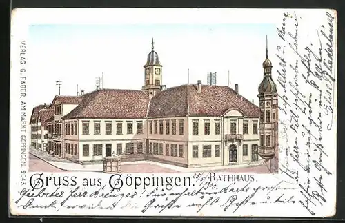 Goldfenster-AK Göppingen, Rathaus mit leuchtenden Fenstern