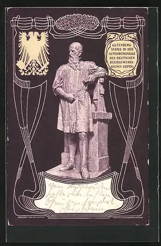AK Leipzig, Gutenberg Statue in der Gutenberghalle des Deutschen Buchgewerbe-Hauses