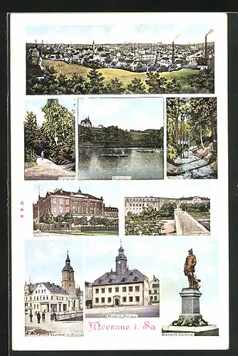 AK Meerane i. Sa., Gondelteich, Meerchen, Bismarck-Denkmal
