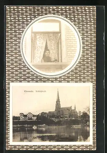 AK Chemnitz, Schlossteich mit Kirche, Frau mit Kind am Fenster