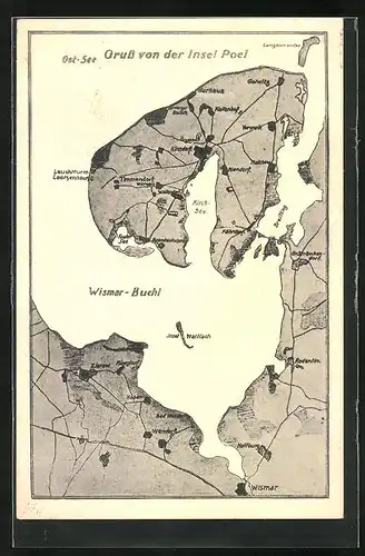 Künstler-AK Insel Poel, Landkarte mit Golwitz, Kurhaus und Timmendorf