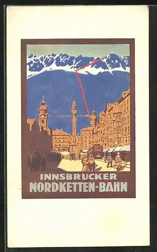 Künstler-AK Innsbruck, Blick von der Maria-Theresien-Strasse zur Nordketten-Bahn