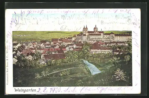 Goldfenster-AK Weingarten, Blick über Ort, Gebäude mit leuchtenden Fenstern