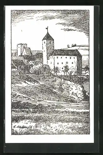 Künstler-AK Trausnitz i. T., Burg mit Pfreimdwehr