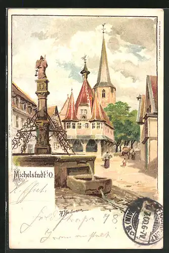 Künstler-AK Michelstadt, Brunnen im Ortskern