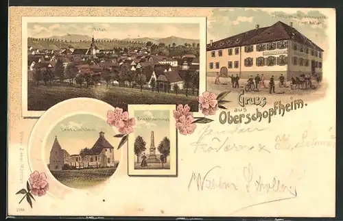 Lithographie Oberschopfheim, Gasthaus u. Bierbrauerei zum Adler, Leutkirchlein, Totalansicht