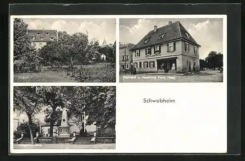 AK Schwebheim, Bäckerei u. Handlung Hans Haas, Schloss, Kriegerdenkmal