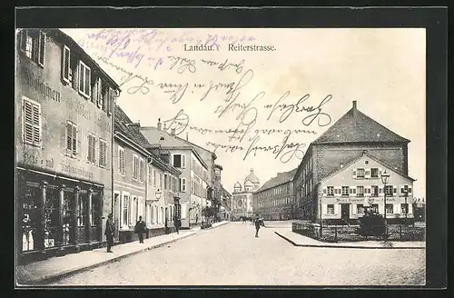 AK Landau, Reiterstrasse mit Restaurant und Synagoge