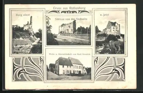 AK Rotenberg / Rauenberg, Gasthaus von Emil Greulich, Schloss von der Südseite, Burg einst & jetzt